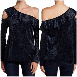 Ro & De NWT blue & black velour cold shoulder top